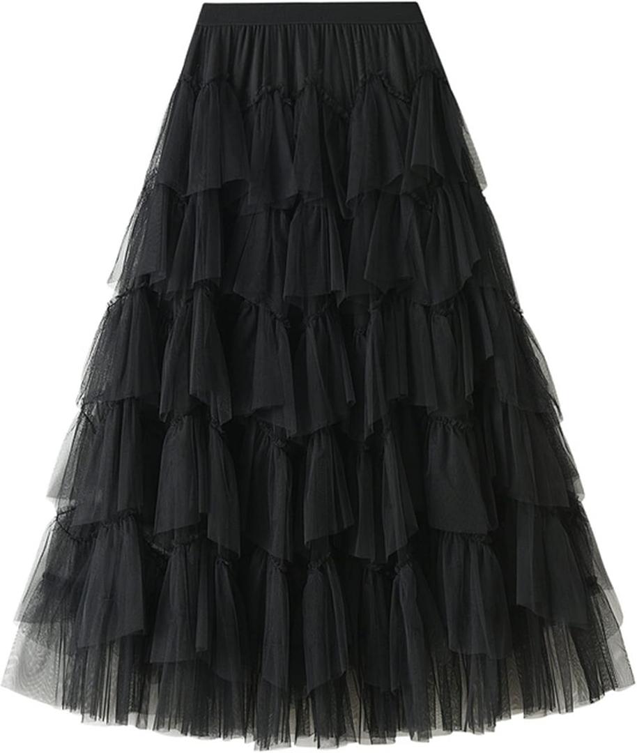 Dirholl Women's A-Line Fairy Patterned Elastic Waist Ruffle Tulle Layered Midi Skirt, Black 