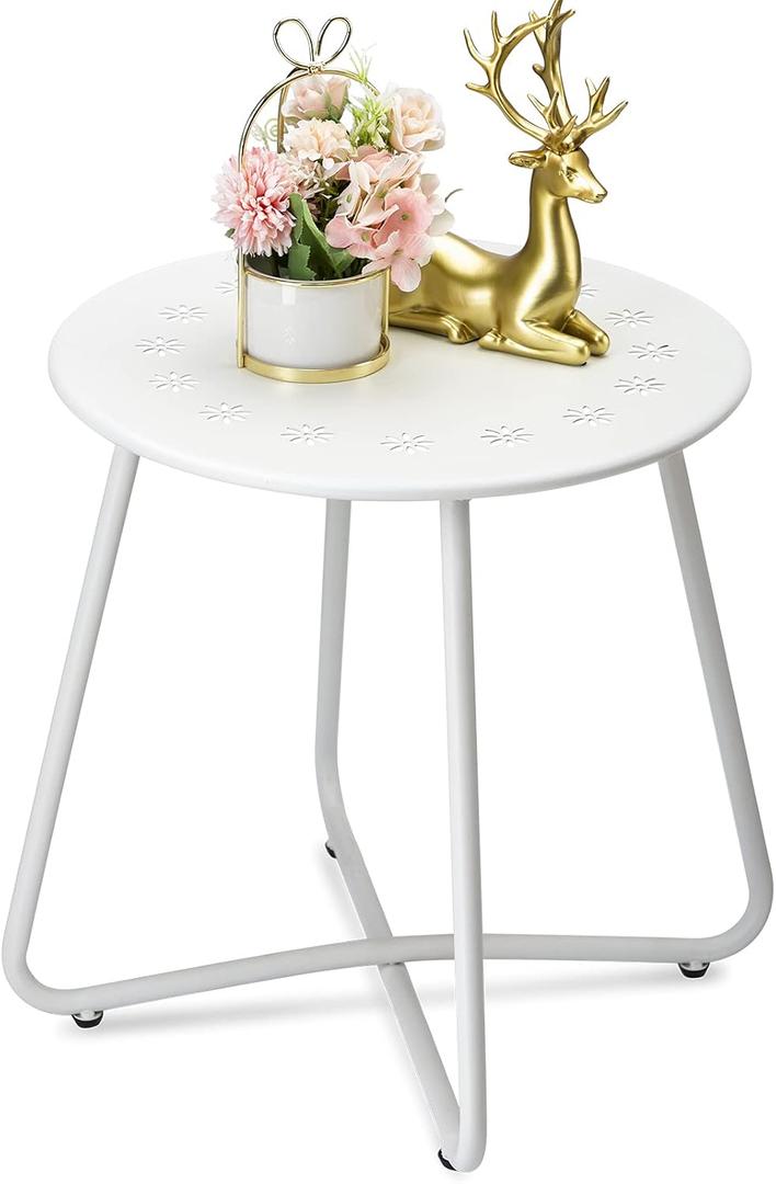 danpinera Outdoor Side Tables with Flower Cut Outs, Weather Resistant Steel Patio Side Table, Small Round Outdoor End Table Metal Side Table for Patio Yard Balcony Garden White, 17.72 in x 17.72 in x 17.72 in