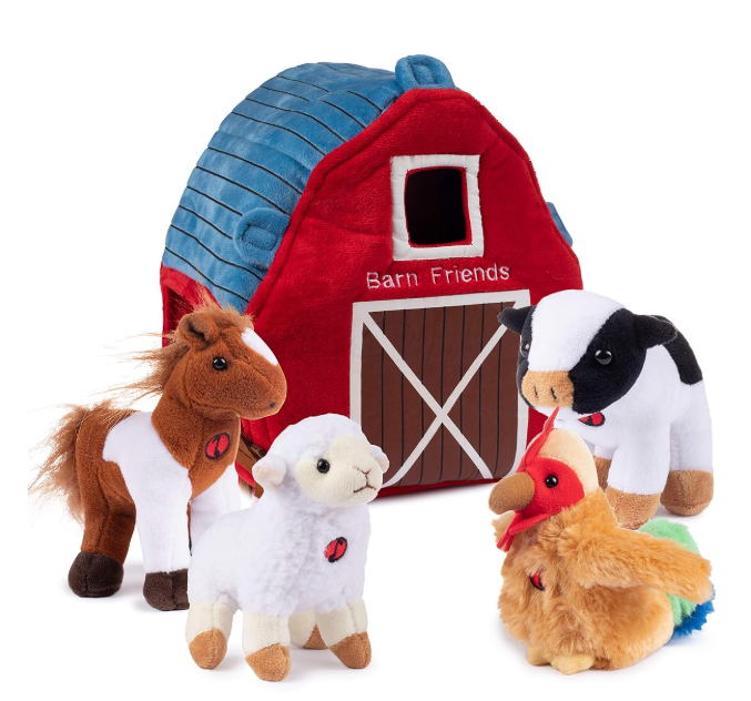 Plush Creations Talking Plush Farm Animals for Toddlers with A Plush Barn House Carrier, Animal Farm Set Includes 4 Soft Cuddly Plush Stuffed Animals, A Plush Cow Plush Horse Plush Lamb Plush Rooster 