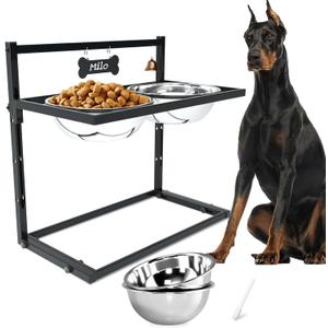 SHAINFUN Elevated Dog Feeder for Large Breeds, Adjustable Height Raised Dog Bowl Stand with 3000ML Stainless Steel Bowls