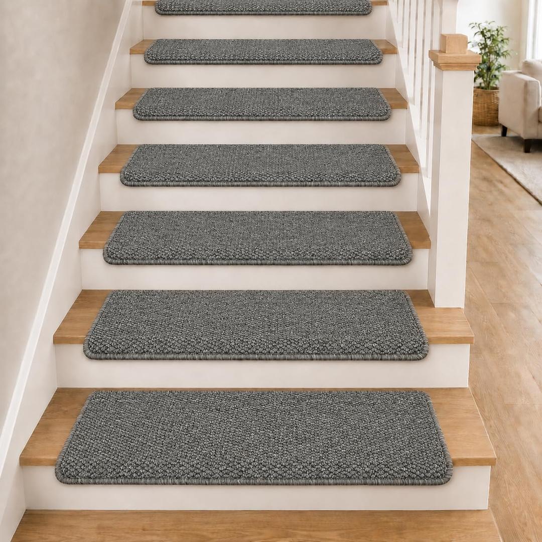 Bullnose Carpet Stair Treads, 14-Piece Set Stair Treads for Wooden Steps | Non-Slip Self-Adhesive Grip Washable & Reusable Soft Noise Reduction Pet-Friendly Indoor Protection 29.5 x 9.5 in, Gray