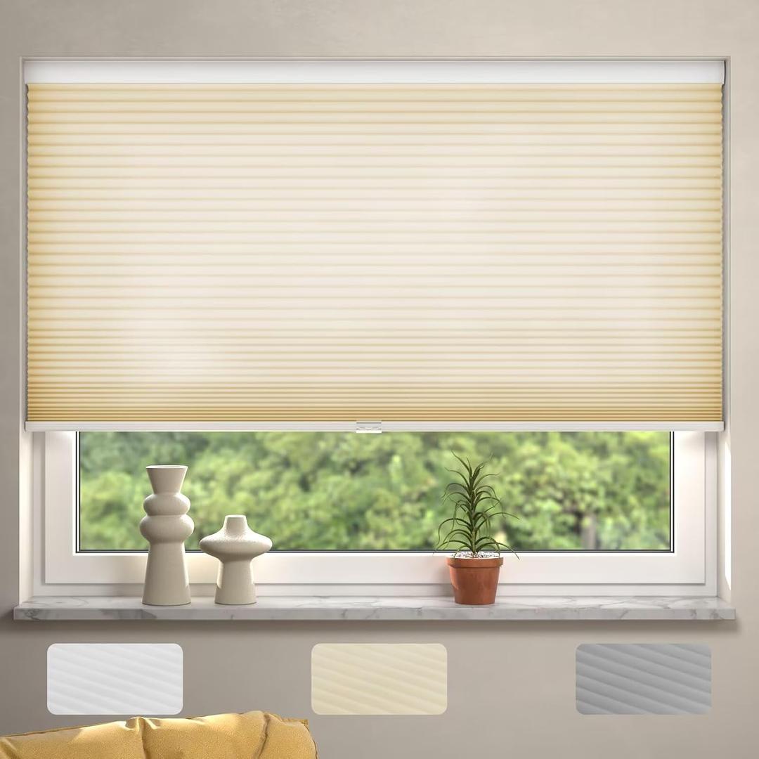 MYshade Cordless Cellular Window Shades Light Filtering Blinds for Indoor Windows 1.5 inch Honeycomb Cell Sheer Fabric Accordion Pull Down Blinds Easy Lift Easy to Install, Size 39" W X 72" H (Beige)