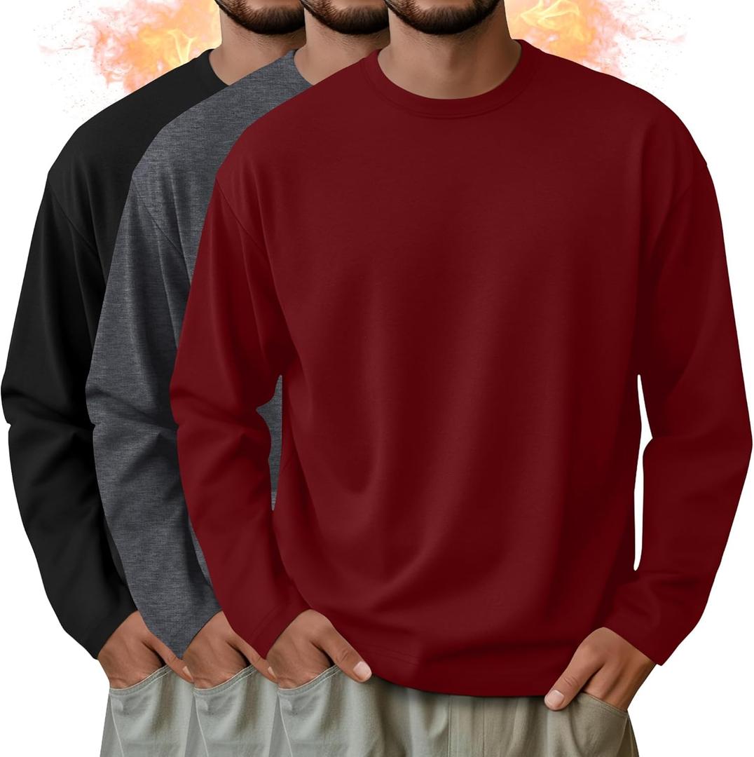 3 Pack Mens Long Sleeve Shirts Crew Neck Thermal T-Shirt Thick Pullover Basic Tops Casual Comfortable Sweatshirt (Large, Wine Red, Dark Gray, Black)