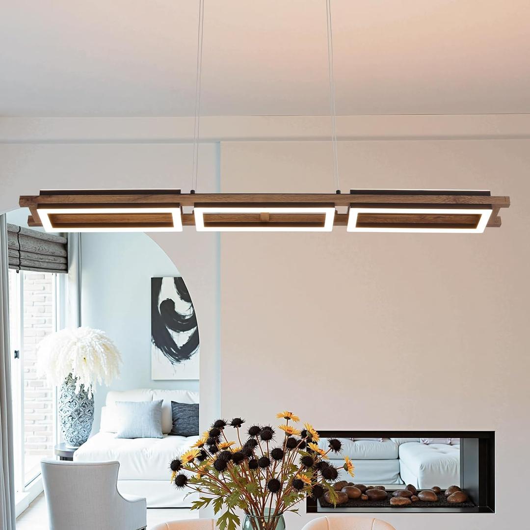 47" LED Wooden Rectangle Chandelier for Dining Room, Mid-Century Modern Dimmable Hanging Light with 59" Adjustable Wires, Wood Grain Finish Ceiling Fixture