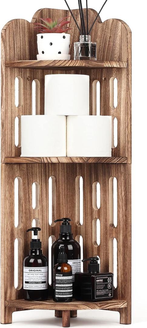 Meangood Bathroom Corner Shelf Stand, 3 Tier Solid Wood Display Shelf for Narrow Space, Shower Corner Shelf, Plant Stand Nightstand, for Living Room, Bedroom, Home Office, Elegant Carbonized Black, 8.5D x 11.1W x 30.7H in
