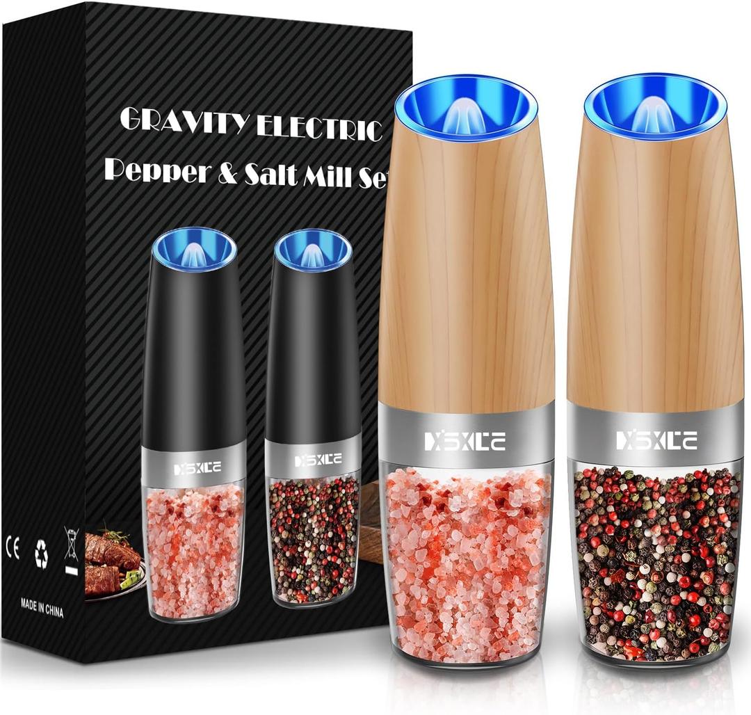 XinXu Gravity Electric Pepper Grinder, Salt or Pepper Mill & Adjustable Coarseness, with LED Light, One Hand Automatic Operation (Set/WoodGrain)