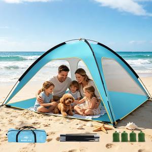 Beach Tent Sun Shelter, 3-5 Person Pop Up Beach Tent, Easy Setup UPF 50+ UV ProtectionBeach Sun Shade, Lightweight & Compact Beach Umbrella for Family Travel