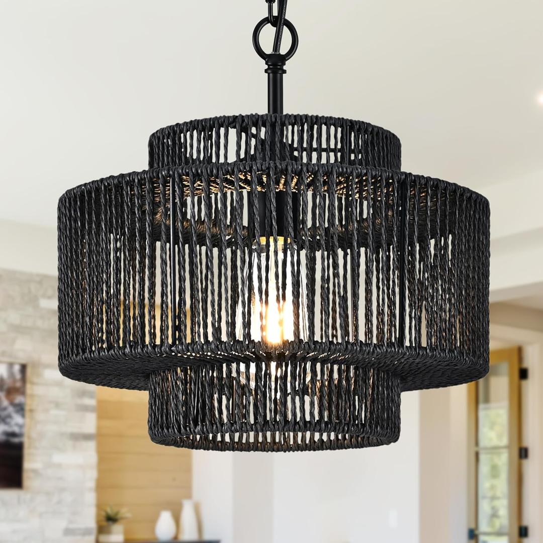 12.4" Black Woven Pendant Light 1 Light Black Rattan Chandelier Hand-Woven Rattans Chandelier 3-Tier Rattan Pendant Farmhouse Chandeliers Light Fixture for Dining Room Living Room (Balck-Black Finish) 12.4" Black Woven Pendant Light 1 Light Black Rattan Chandelier Hand-Woven Rattans Chandelier 3-Tier Rattan Pendant Farmhouse Chandeliers Light Fixture for Dining Room Living Room (Balck-Black Finish)