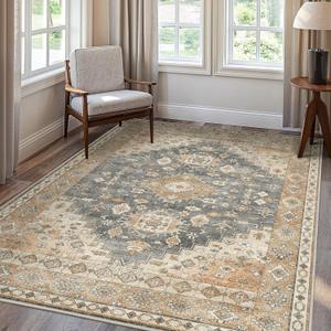 GENIMO Machine Washable 8x10 Area Rugs for Living Room, Non Slip Vintage Rugs, Low Pile Lightweight Chenille Print Rug for Bedroom, Dining Room, Home Office, Beige Gray