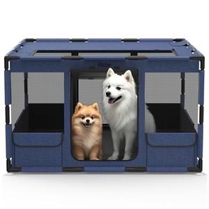 Dog Playpen, 43x43x26 Inches Puppy Playpen Portable Pet Play Pen Indoors with Cover and Gate, Tear Resistant Thickened Fabric Waterproof Bottom Breathable Mesh Dog Fence for Indoor&Outdoor, Blue Black