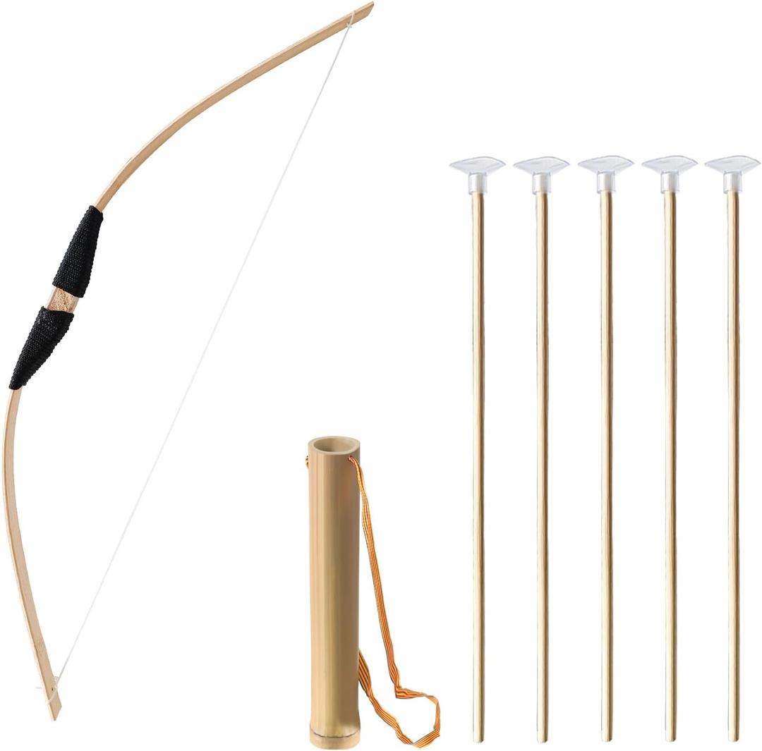 Bow and Arrow Set, Wooden Archery Set, Youth Bow and Arrow Set for 15, Cosplay Costume Prop Bow & Arrow with 1 Bamboo Quivers and 5 Targets