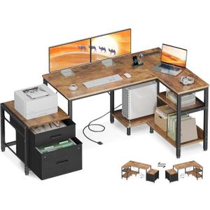 Casaottima L Shaped Desk with Drawers & File Cabinet, Reversible Computer Desk with Storage Shelves & CPU Stand, Corner Desk with Power Outlets, L Desk for Home Office, Rustic Brown