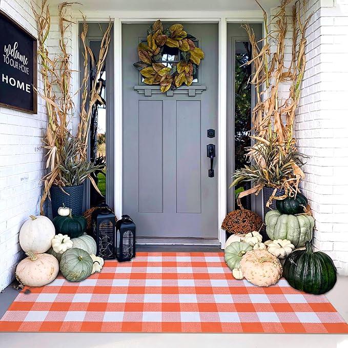Orange and White Plaid Rug, 4' x 6' Fall Outdoor Front Door Decor Mat, Cotton Washable Hand-Woven Rug for Layered Doormat, Autumn Halloween Thanksgiving Carpet for Porch, Entryway