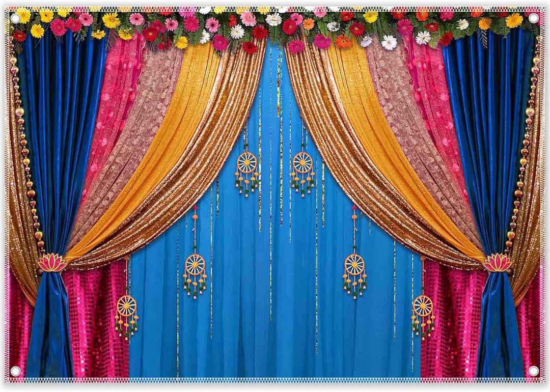 ZTHMOE 8x6ft Polyester Indian Traditional Backdrop Macrame Marigold Garland Colorful Curtain Photography Background Hindu Wedding Banner Diwali Pooja Decorations Photo Props