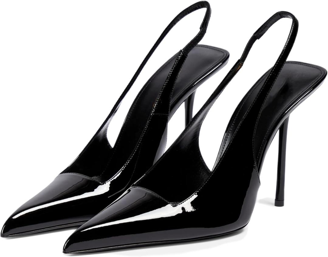 Slingback Heels for Women Pointed Toe Stiletto High Heels Stretch Slip on Backless Patent Leather Fashion Comfortable Dress Pumps Shoes (7, Black)