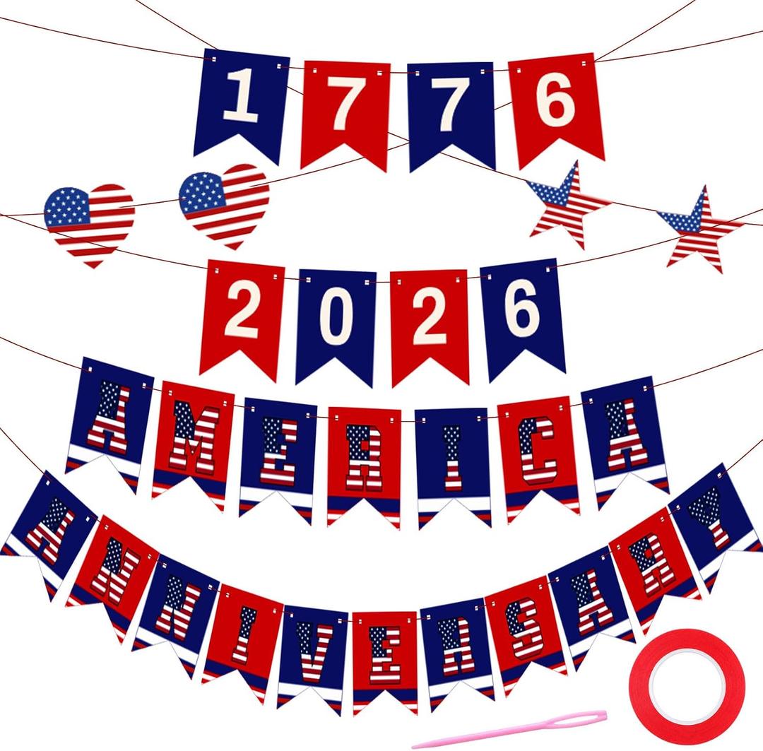 2 x 250th Anniversary Banners 4th of July Banner Patriotic Decorations Double Side Printed 1776-2026 Red Blue White USA Independence Day Banner Outdoor Indoor Yard Garden