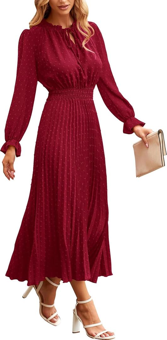 PRETTYGARDEN Women's 2025 Spring Fall Midi Dress Casual Long Sleeve V Neck Swiss Dot Pleated A Line Flowy Dresses (Wine Red)