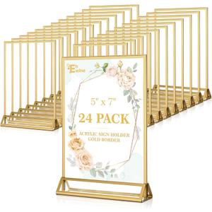 EHWINE 24 Pack Acrylic Sign Holder 5 x 7, Double Sided Gold Picture Frame Stand up Table Top Sign Holders, Clear Display Stand Menu Flyer Holder for Wedding Party