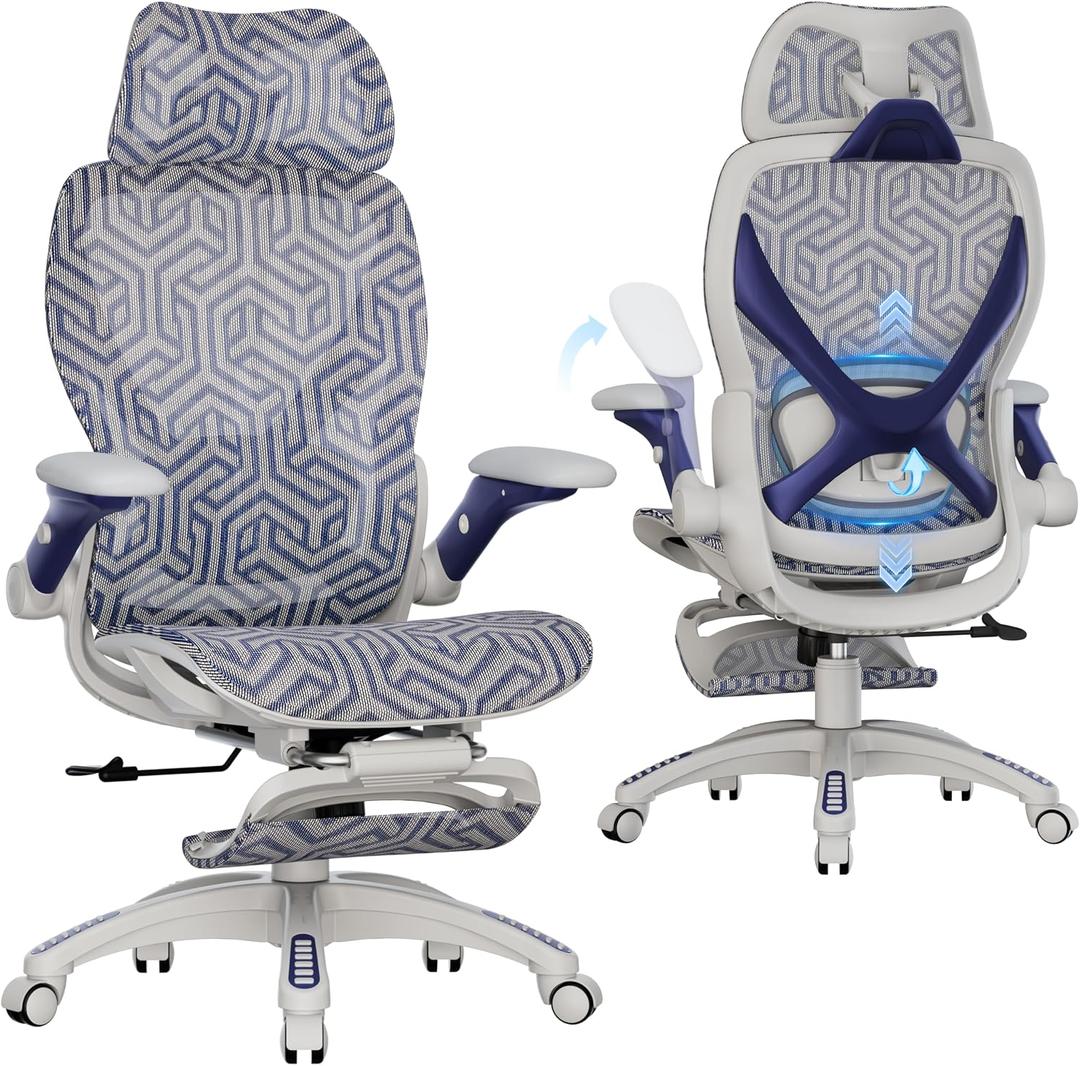ELABEST X100 Ergonomic Mesh Office Chair with Footrest, Big and Tall Hone Desk Chair with 5D Flip-Up Arms, Adjustable 3D Lumbar Support,Gaming & Executive Computer Chairs (First Light)