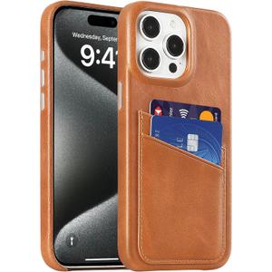 LUCKYCOIN Wallet Phone Case for iPhone 15 Pro Max Case, TAN Phone Purse Case.100% Genuine Leather, with Card Holder, Slim Fit, Metal Buttons, Shockproof Protective Cover, Microfiber Lining, for Men Women