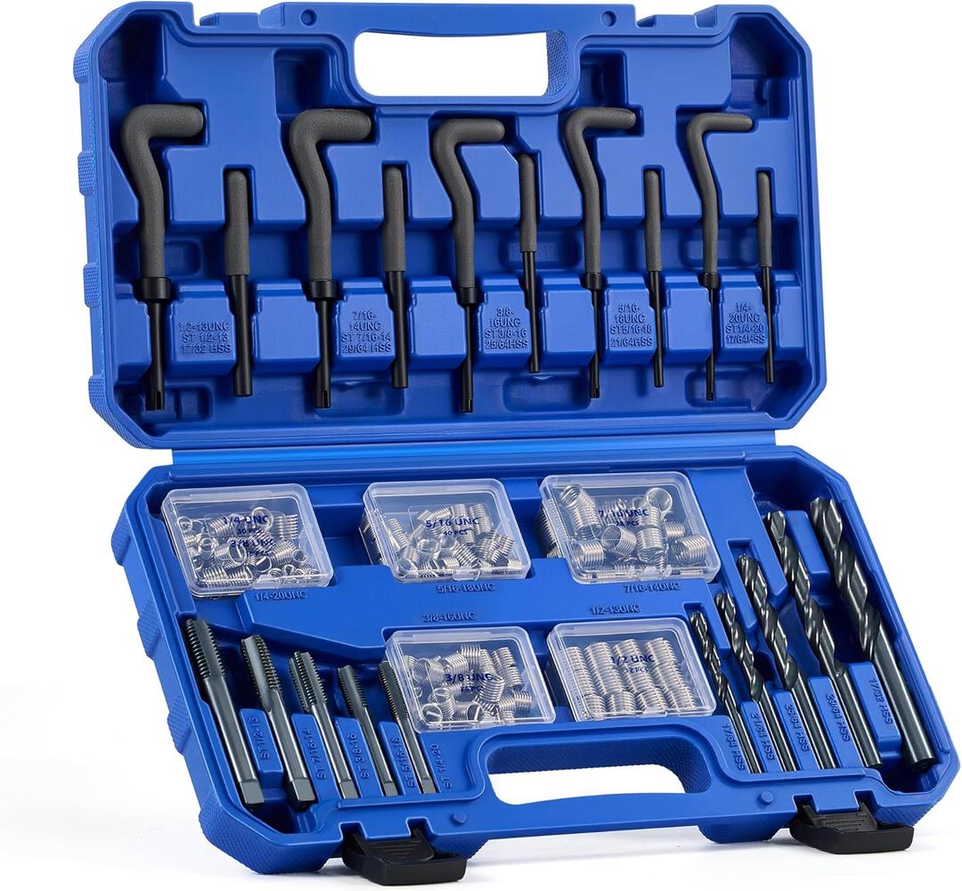 Orion Motor Tech 172pc Thread Repair Kit, SAE Helicoil Repair Kit with HSS Drill Bits Taps Inserts Breakoff Installation Tools, Auto Rethreading Restorer Tool Kit in 1/4" 5/16" 3/8" 7/16" 1/2"