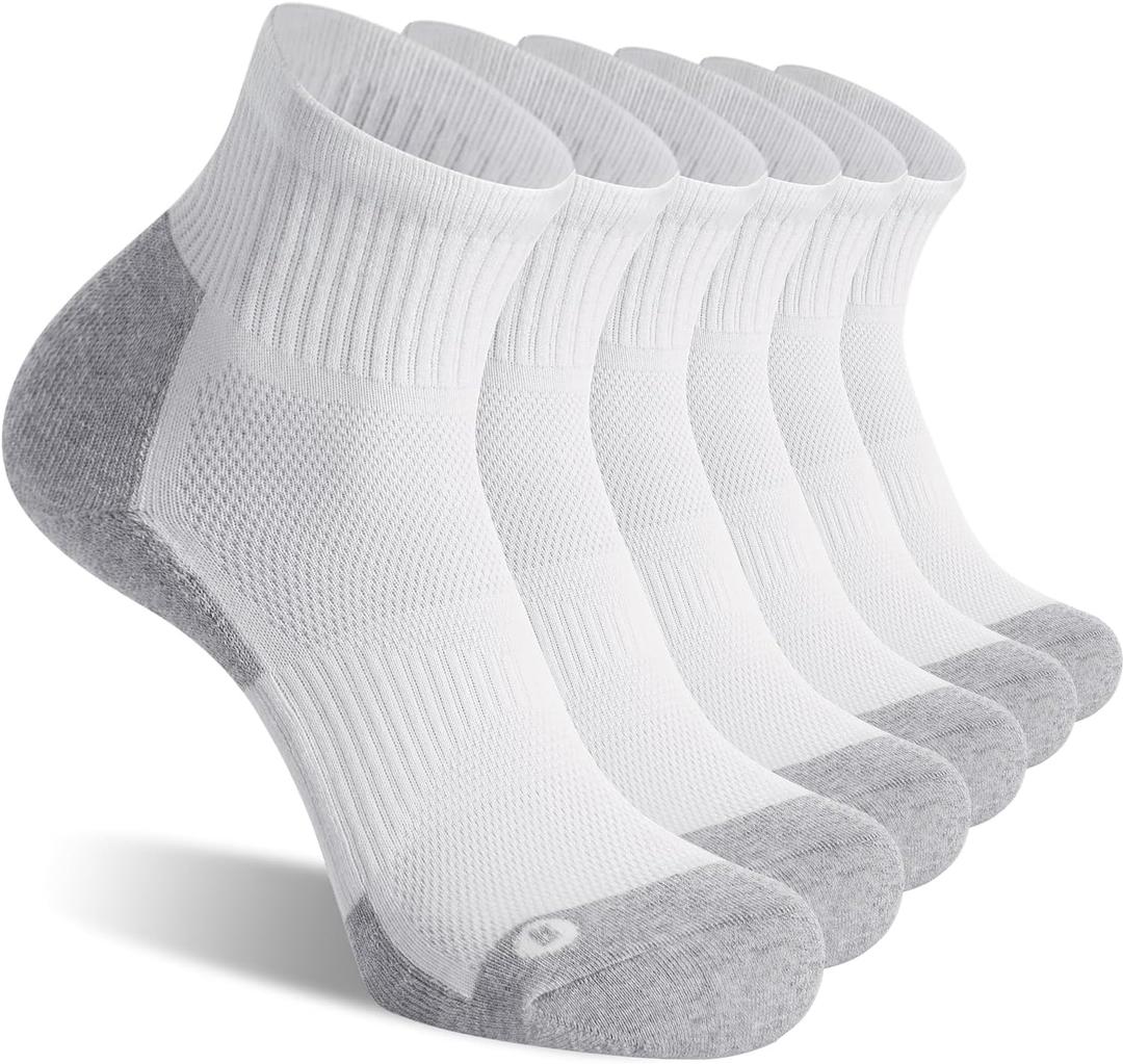 FITRELL 6 Pack Men's Athletic Ankle Socks Cushioned Sports Running Socks, Shoe Size 9-12, White/Grey