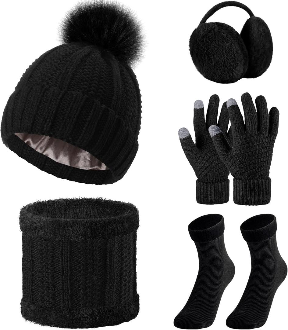 SATINIOR 5 Pcs Winter Satin Lined Hat Scarf Gloves Set Knit Pompom Beanie Warm Touchscreen Glove Earmuff Ear Warmer for Women (Black)