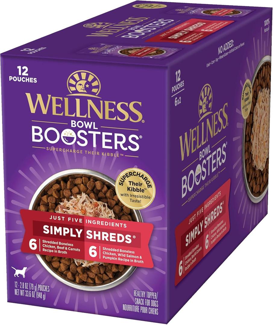 Wellness Bowl Boosters Simply Shreds Wet Dog Food Topper for Small, Medium, & Large Breeds, Grain Free, Natural, Chicken Variety Pack, 2.8 Ounce Pouch (Pack of 12) (EXP 02/15/28)