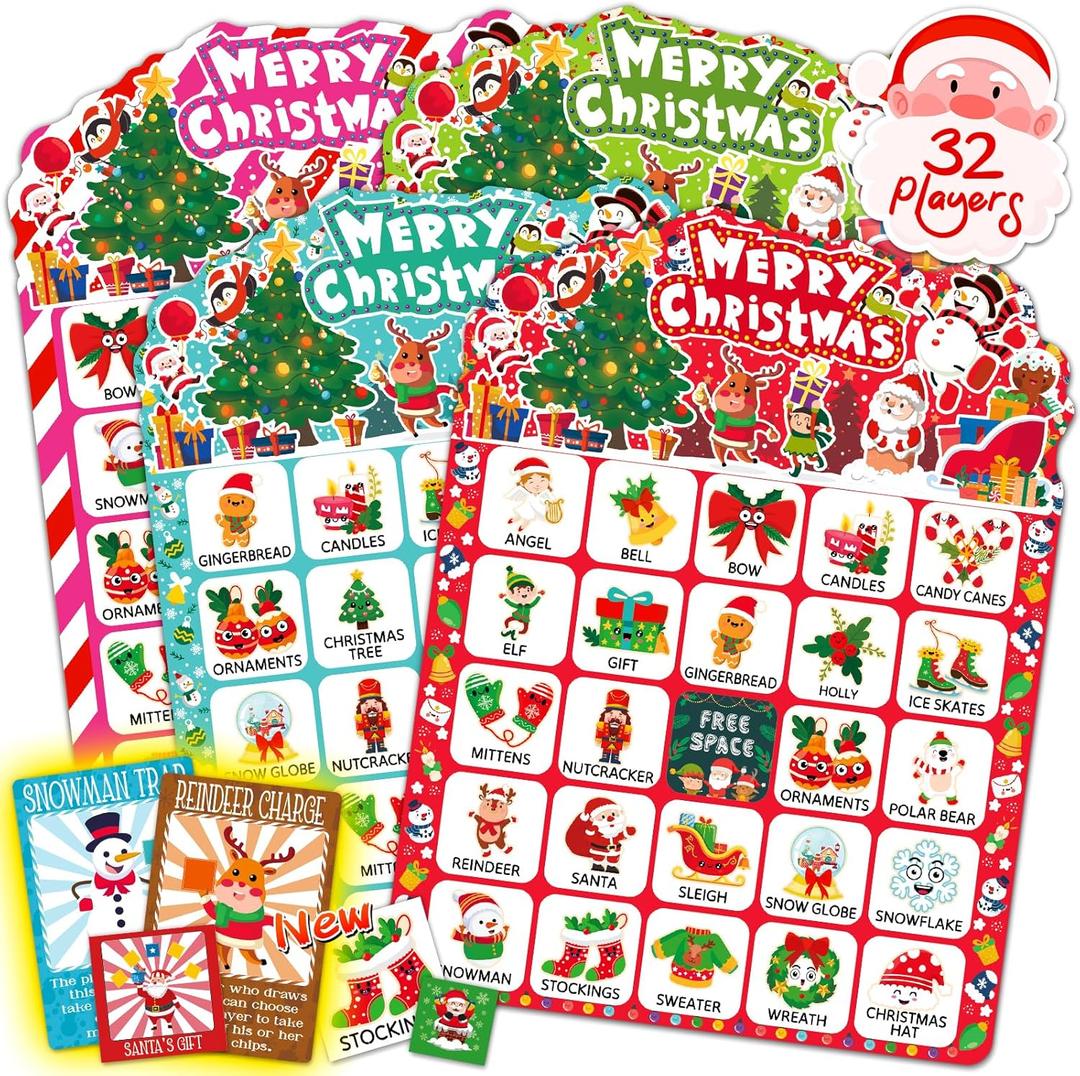 56 Sheets Christmas Bingo Game, 32 Players Christmas Bingo Cards for Kids Adults Christmas Party Game for Family Large Group Winter Holiday Party Favor Kids Bingo