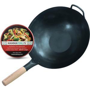 Large Flat Bottom 16-inch Traditional Carbon Steel Wok Pan - Authentic Hand Hammered Woks and Stir Fry Pans - Pow Wok with no chemical coating