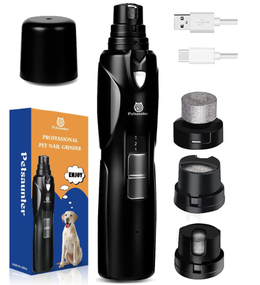 Petsaunter Dog Nail Grinder, 2-Speed and LED Light, Touch-Switch, TypeC, Quiet and Low-Vibration Dog Nail Trimmers, and 3 Ports for Large Dogs, Medium, Small Dogs Cats Pets with Hard or Thick Nail