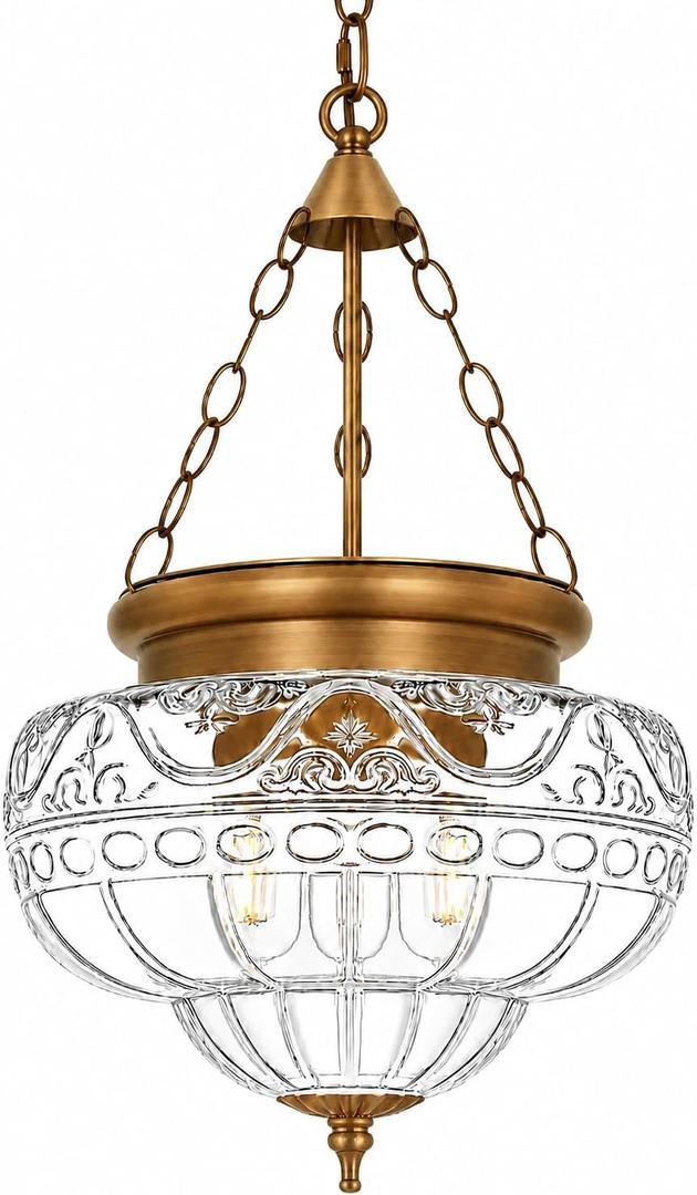 3-Light Brushed Antique Brass Pendant Light Fixtures with 12In Unique Thickened Glass, Vintage Pendant Lights Kitchen Island with Adjustable Chain, Hanging Light Fixtures for Entryway, E26*3