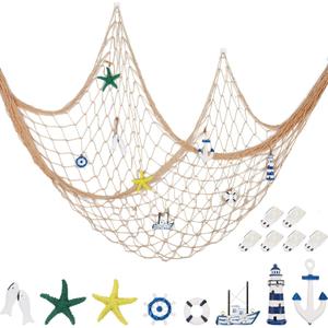 Decorative Fishnet Nautical Fishing Net Wall Hanging Decor, 8 Pieces Starfish, Sailboat, Lighthouse, Life Ring, Rudder, with Transparent Hook for Mermaid Mediterranean Party (Creamy White)