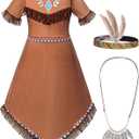 Native American Costume Girls Dress Indigenous American Indians Kids Cosplay 3-12 Years (6-7 Years, Brown)