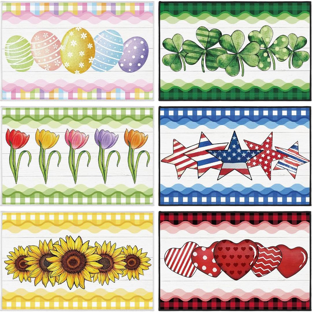 Drydiet 6 Pcs Summer Gnome Doormat Sunflower Doormat Spring Holiday Welcome Mat 4th of July Door Mat Patriotic Gnome Decorative for Outdoor Indoor Entrance Decor(Cute)
