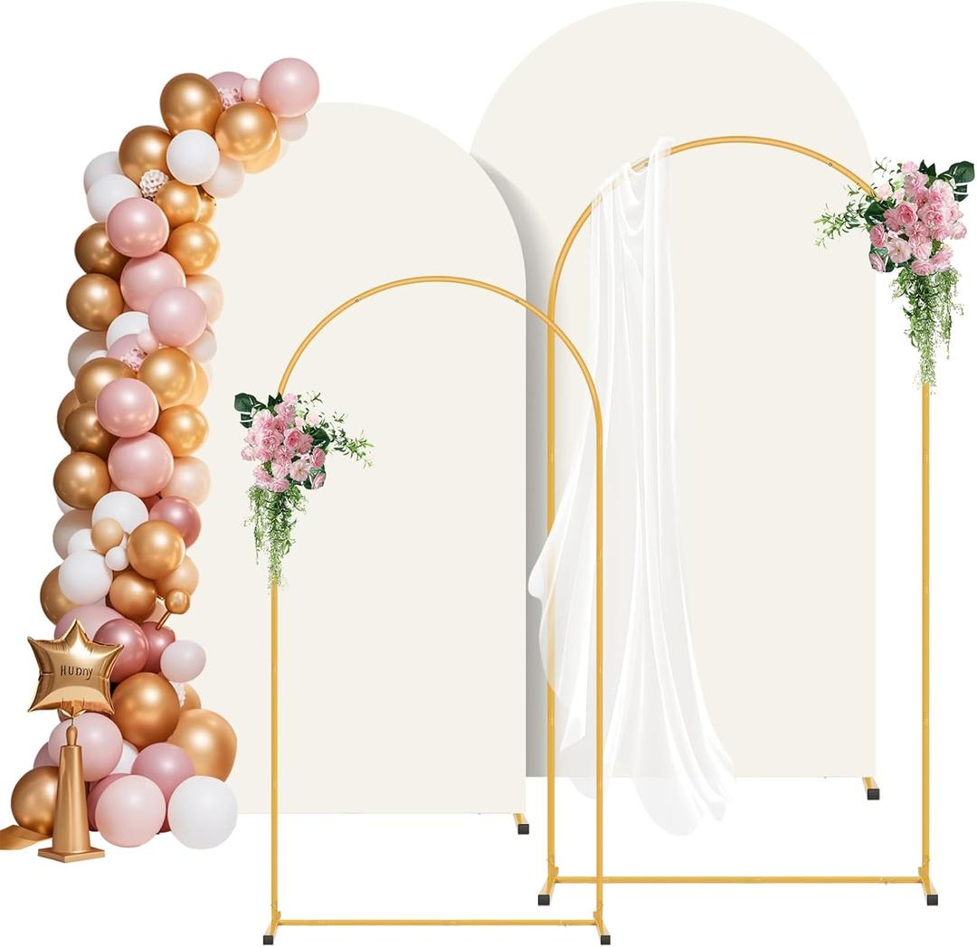 Arch Backdrop Stand and Cover Set of 2 (6FT/7.2FT), Metal Backdrop Stand Stand with Ivory Cover, Gold Wedding Arch Stand for Party Background Decoration