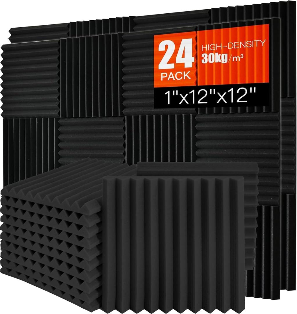 Acoustic Foam Panels 24 Pack Saiqiang 1" x 12"x 12" High Density Soundproofing Wedges for Wall, Noise Absorbing and Sound-Damping Sound Proof Fire-Resistant for Studio, Office, Gaming Room
