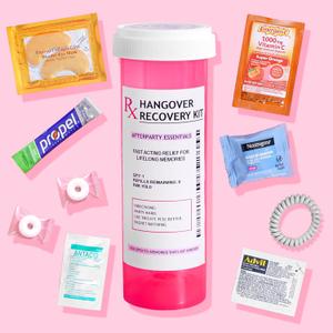 Pre-Filled Hangover Kit for Bachelorette Party Favors, 21st Birthday Gifts for Her, Bridesmaid Gifts in XL Pink Bottle, 8 Pc Bachelorette Party Accessories, Supplies and Decorations BB Date 27/2026 (White Label, 1)