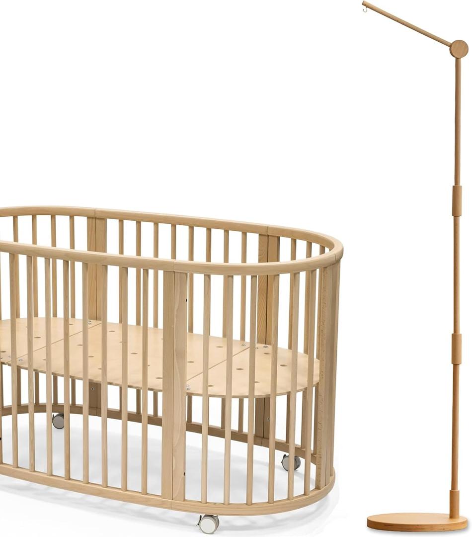 Wooden Floor-Standing Crib Mobile Arm Pro 61 Inches for Baby Nursery-Movable Baby Mobile Hanger with Strong Anti-Dumping Attachment-100% Natural Beech Wood-Thicker Wooden Pole-Upgrade Thickened