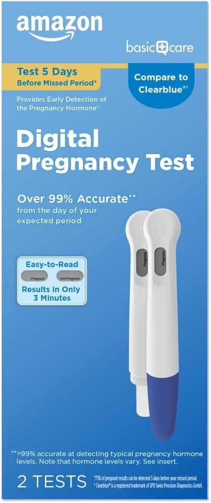Amazon Basic Care Digital Pregnancy Test, Early Detection 5 Days Before Missed Period, Pack of 2
