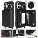 for iPhone 16 Case with Card Holder and Strap for Women,Crossbody Lanyard, Make Up Mirror,Ring Stand,Snap Clasp,Cute Phone Wallet Cases 6.1 inch - Black