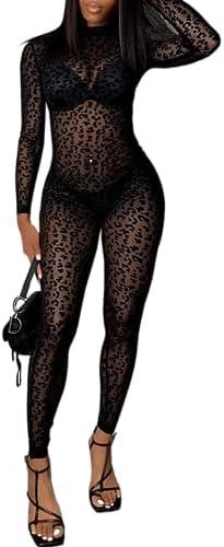 hibshaby Sexy Mesh Black Leopard Jumpsuits for Women Bodycon Outfits Streetwear Rompers Size L