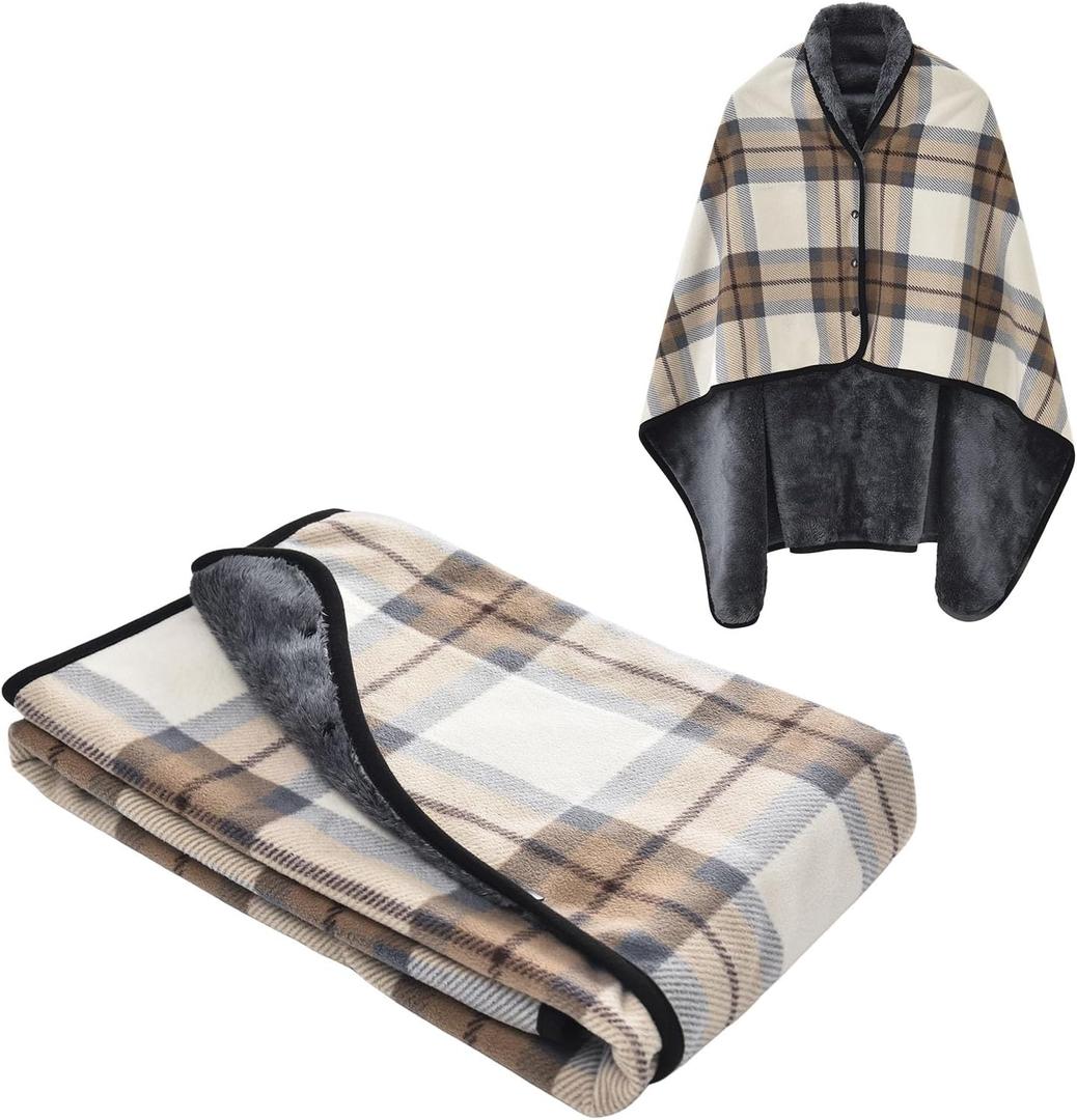 forestfish Fleece Wearable Blanket, Plaid Lap Blanket Comfy Poncho Throw with Buttons for Bed Sofa Office, Mocha,  Medium(55"x39")