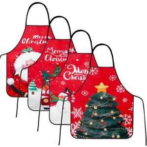 4Pcs Christmas Aprons for Women Men Waterproof Red Green Snowman Santa Elk Christmas Tree Cute Bulk Aprons Kitchen Cooking Baking Womens Apron Holiday Party Supplies