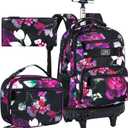 3Pcs Rolling Backpack for Girls, 19 Inche Rose Roller Bag with Wheels, Adults Wheeled Bookbag Set for Women(Black)