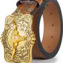 Mawjom Western Cowboy PU Leather Belt - Men Waist Strap Bull Decoration Floral Engraved for Jeans 25" to 38" Waist (Brown-square-buckle)
