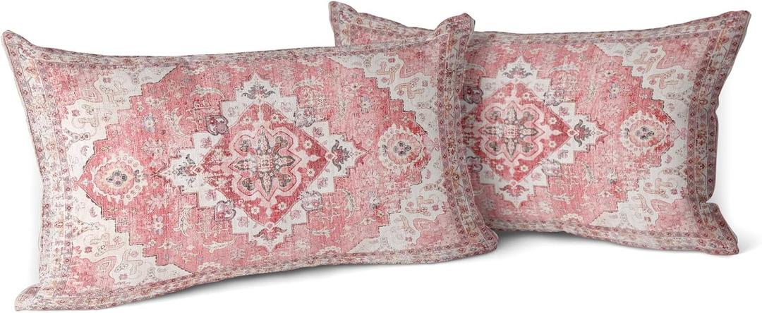 Snycler Pink Boho Throw Pillow Covers Set of 2 Monaco Rug Carpet Double Sided Pattern Cotton Soft Pillow Case Cushion Cover Pillowcase for Garden Couch Sofa Bed Decorative 12x20 inch