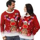 Ugly Christmas Sweater Women Men 2025,Light Up Christmas Sweater for Couples,Funny Reindeer Xmas Tacky Pullover Cute (L)