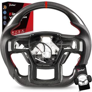 Real Carbon Fiber Steering Wheel for Ford F150 Raptor Gen 2 (2017-2020), Includes Matching Trim, Heated Function, D-Shape, Nappa Perforated Leather, for Raptor with Paddle Shifters Models