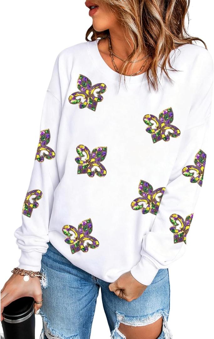 SELINK Womens Sequin Sweatshirt Oversized Crewneck Long Sleeve Casual Pullover Tops (White, XXL)